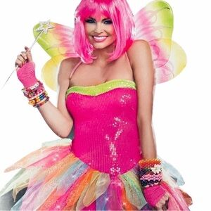 Dreamgirl Rainbow Fairy Costume Glitter Wings Pink Yellow